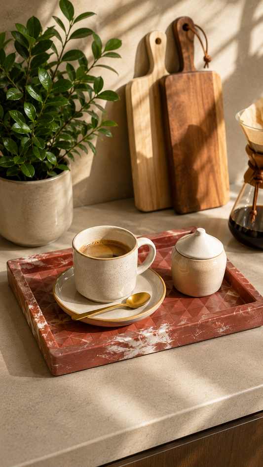 Bandeja artesanal em composição acolhedora com café, textura natural e luz suave