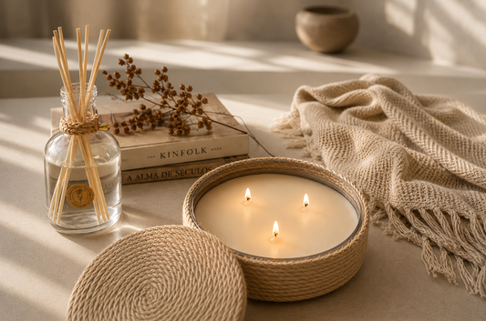 Vela artesanal acesa em ambiente acolhedor com tons naturais para o inverno