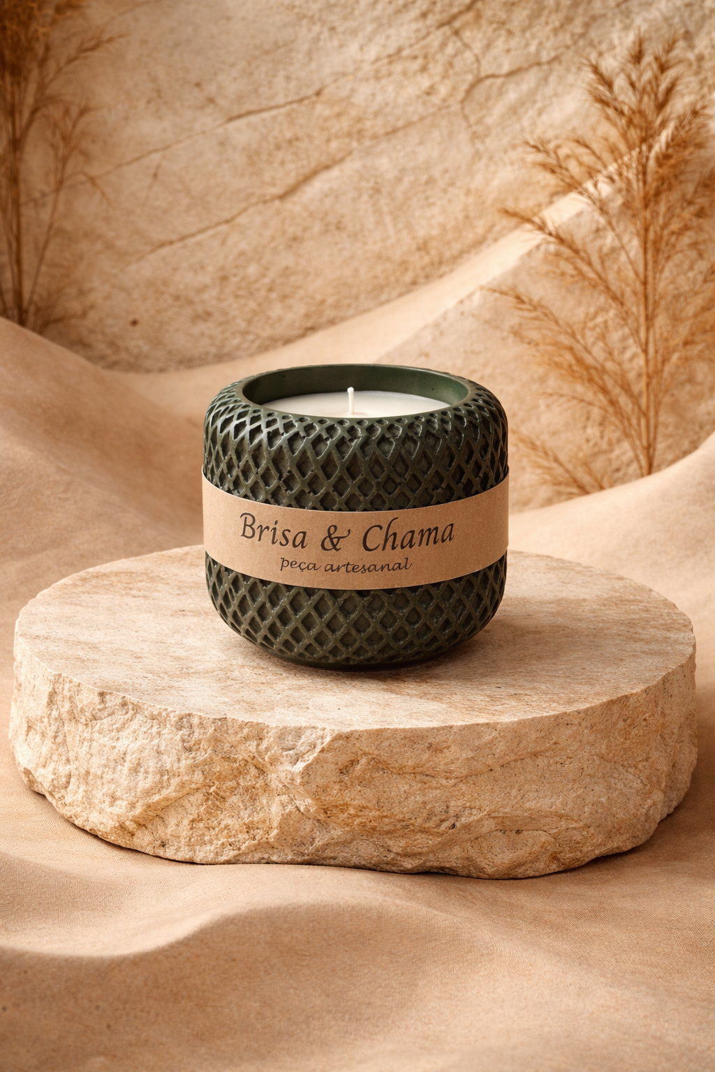 Vela aromatica artesanal em gesso verde oliva Brisa & Chama