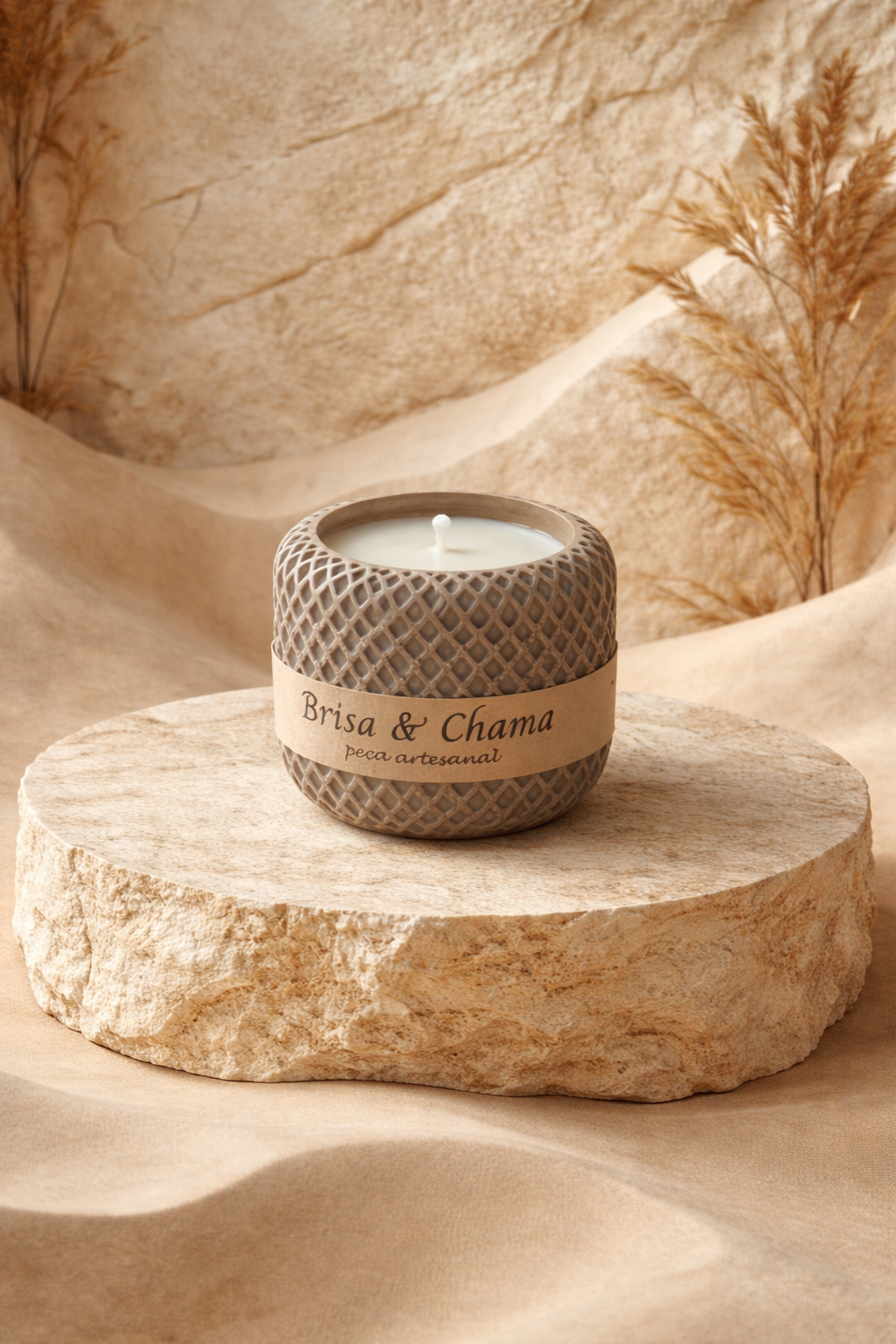 Vela aromatica artesanal em gesso com acabamento organico em tom neutro